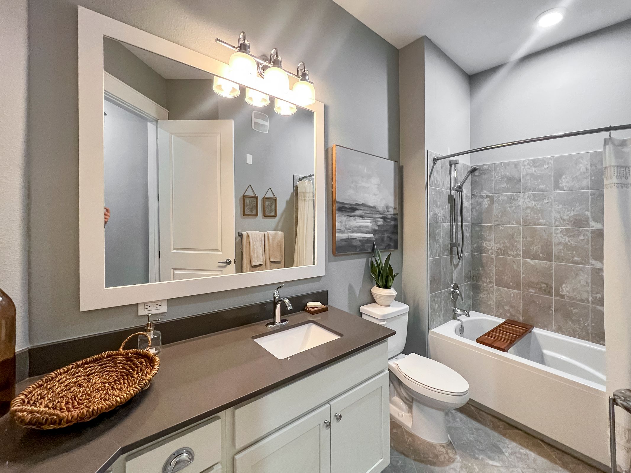 Novus Modern bathroom with gray walls, large mirror, sink, toilet, bathtub, wall art, and a plant on the counter.