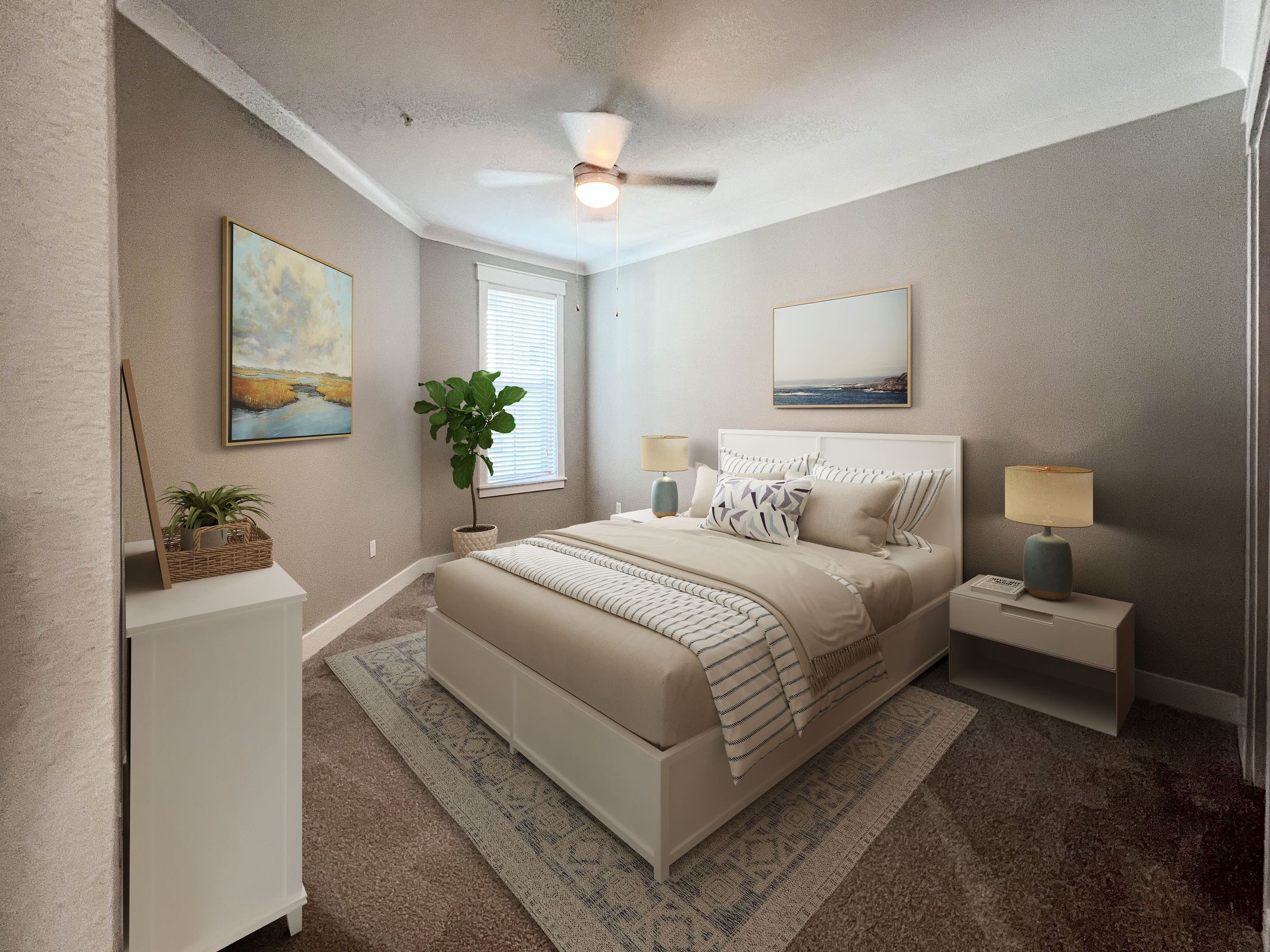 Novus A cozy bedroom with a bed, two nightstands, lamps, a dresser, potted plant, and two landscape paintings on gray walls.