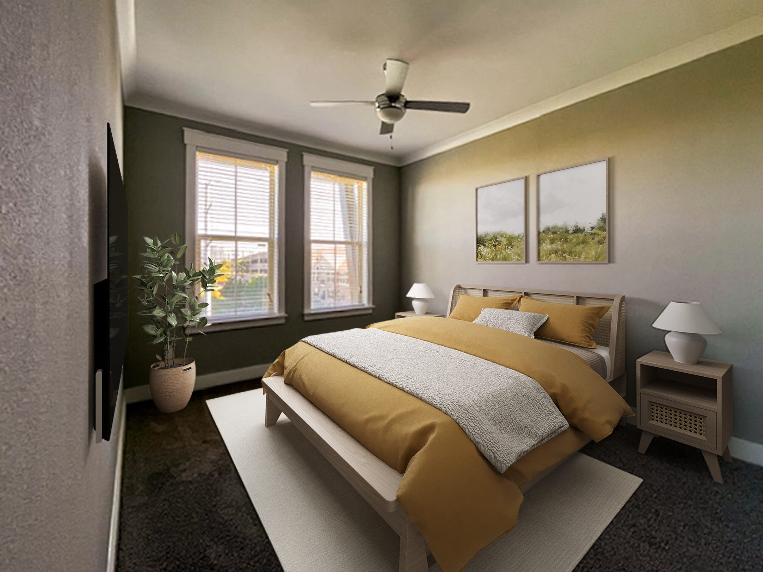 Novus A cozy bedroom with a bed, yellow bedding, two nightstands, lamps, a plant, art on the wall, and sunlight through two windows.